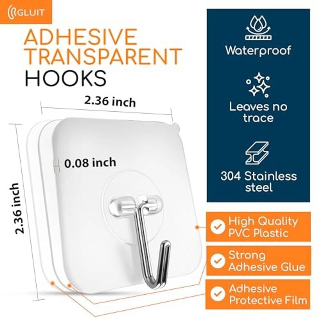 Transparent adhesive wall hook package showing waterproof design and 304 stainless steel