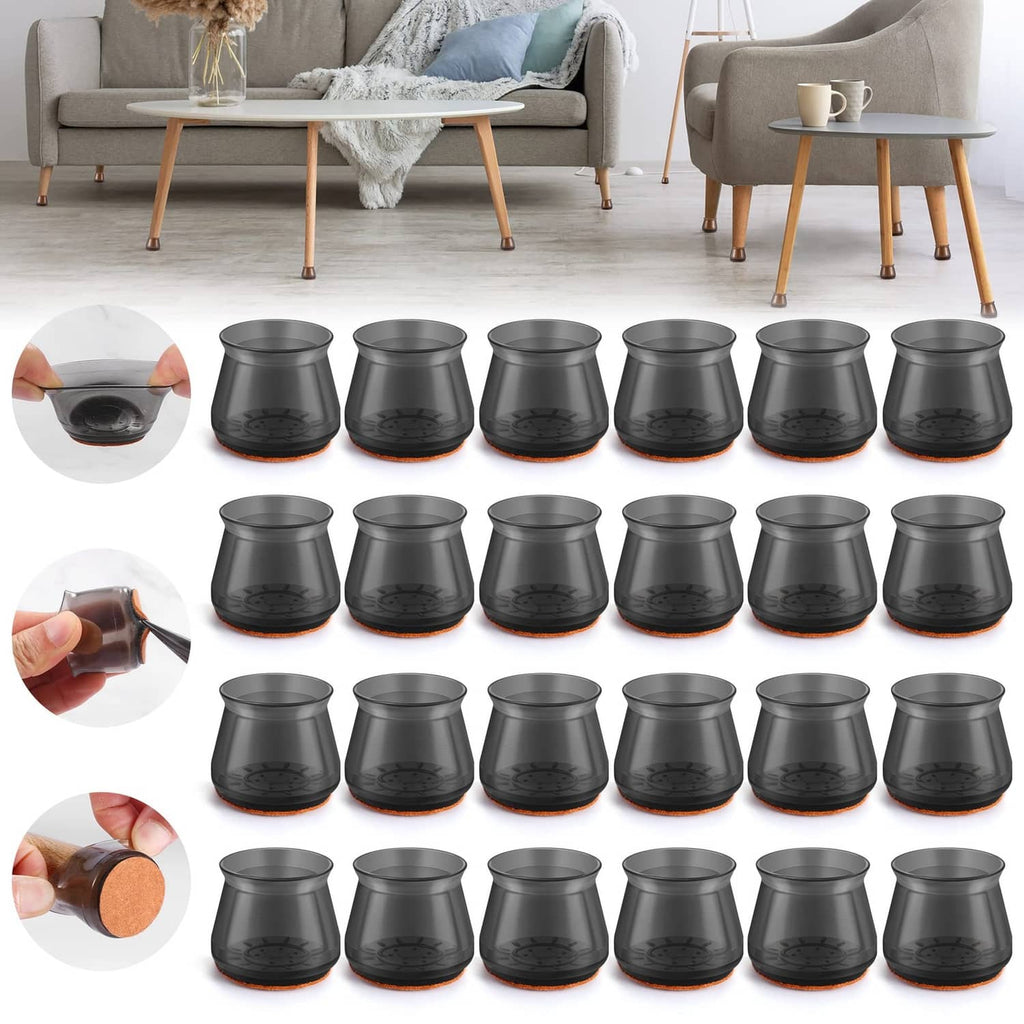 Set of 24 black silicone chair leg covers with protective grip base caps