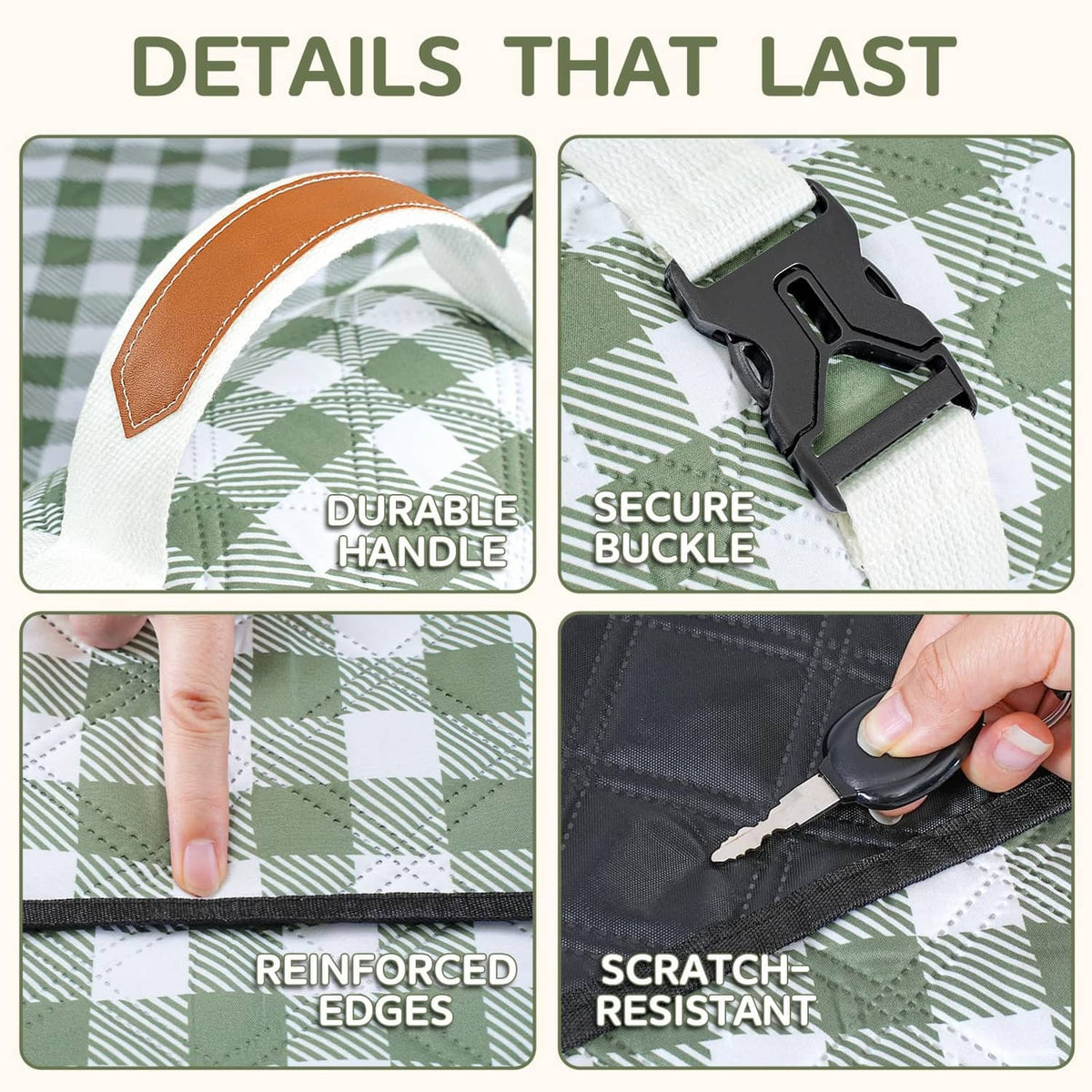 Plaid waterproof blanket detail with durable handle, secure buckle, reinforced edge.