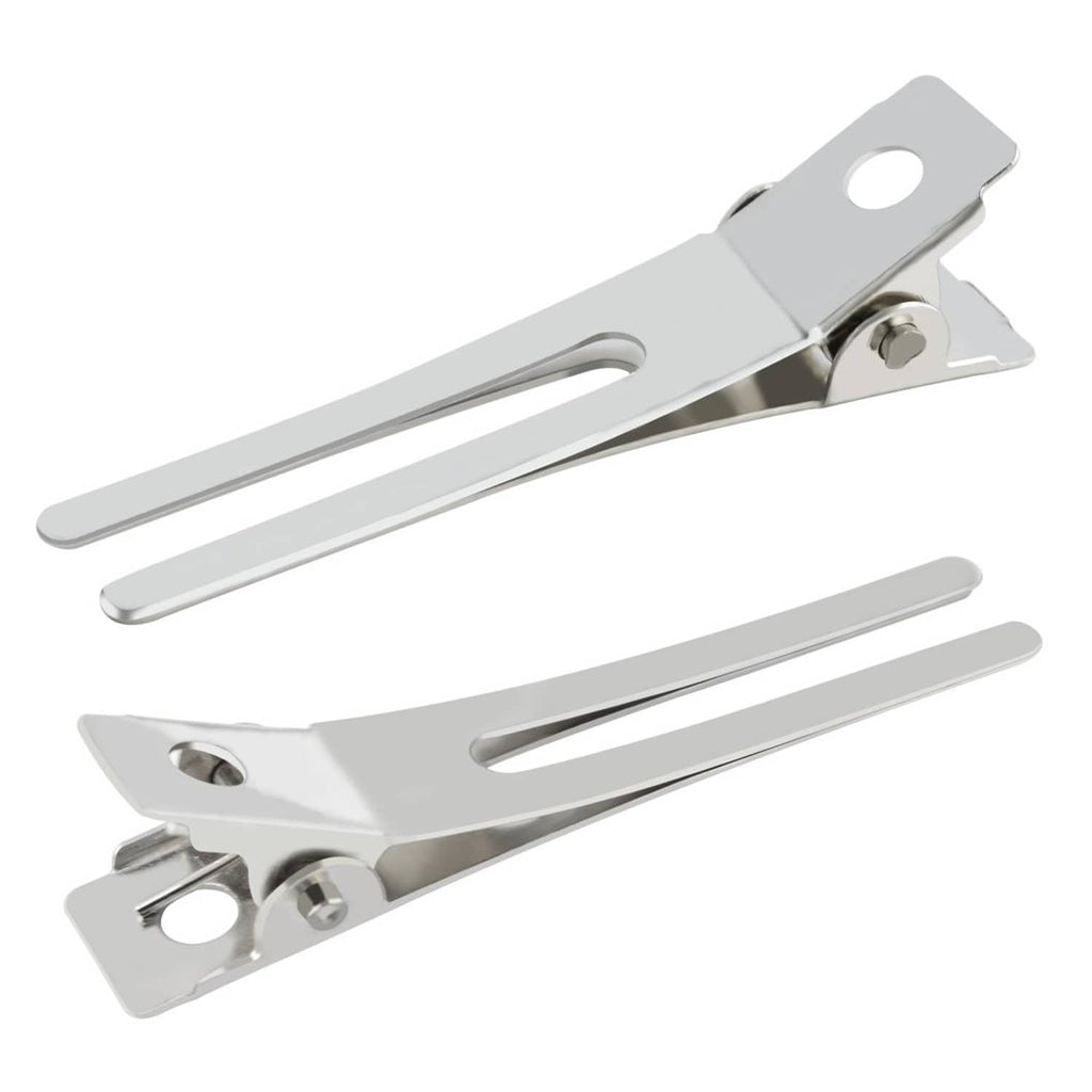 Silver double-prong hair curl setting clip with hinged latch and two prongs