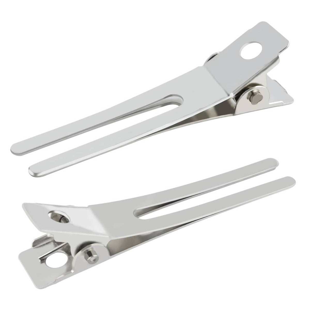 Silver double-prong hair curl setting clip with hinged latch and two prongs
