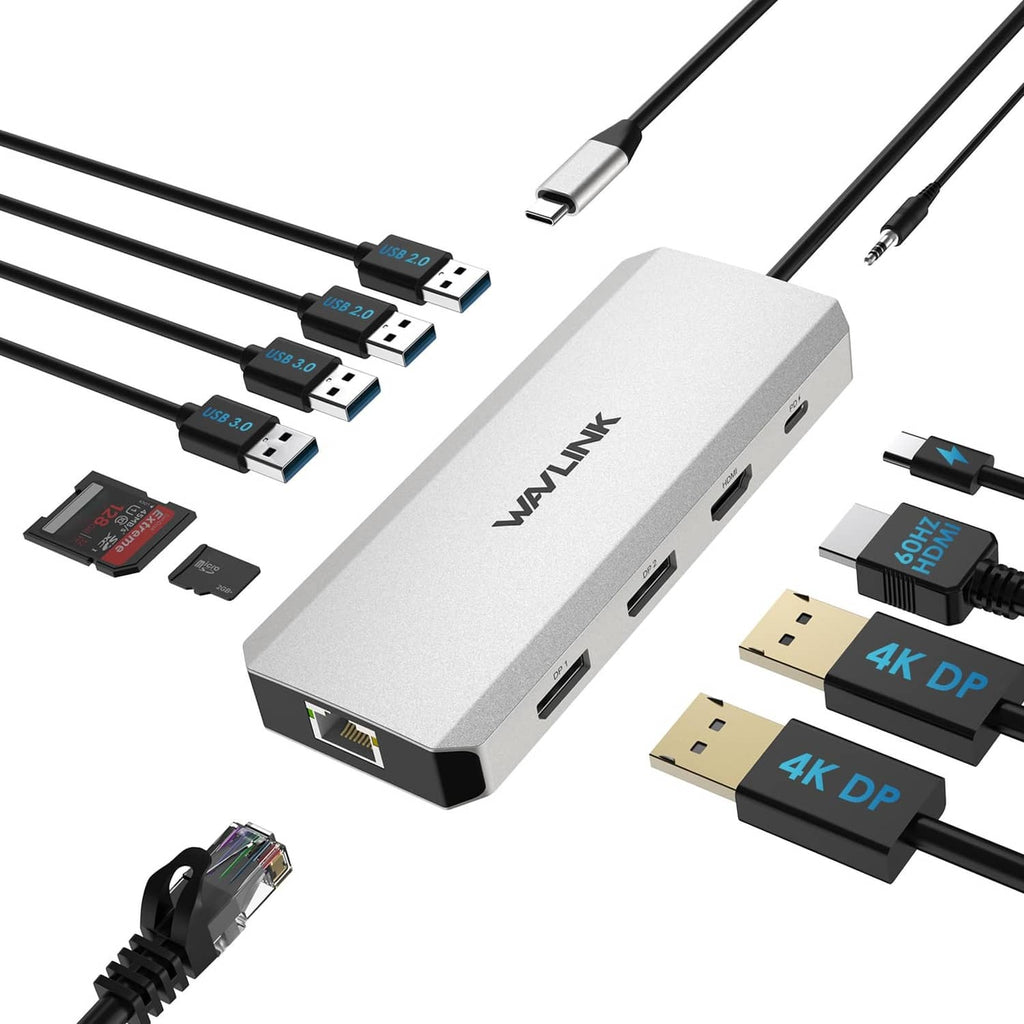 Silver laptop docking station with multiple video and USB ports, angled view