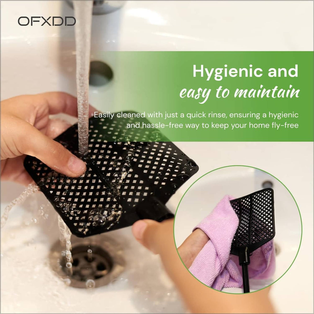 Black rubber fly swatter paddle rinsed under water with long handle