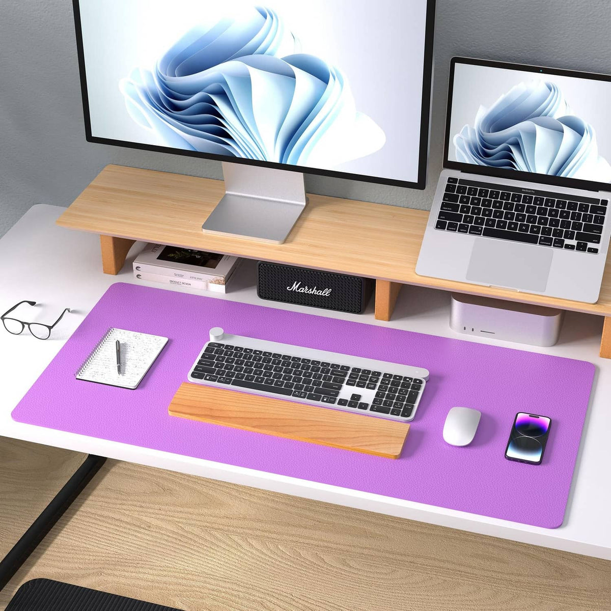 Iris violet desk pad protector under monitor, keyboard, and mouse