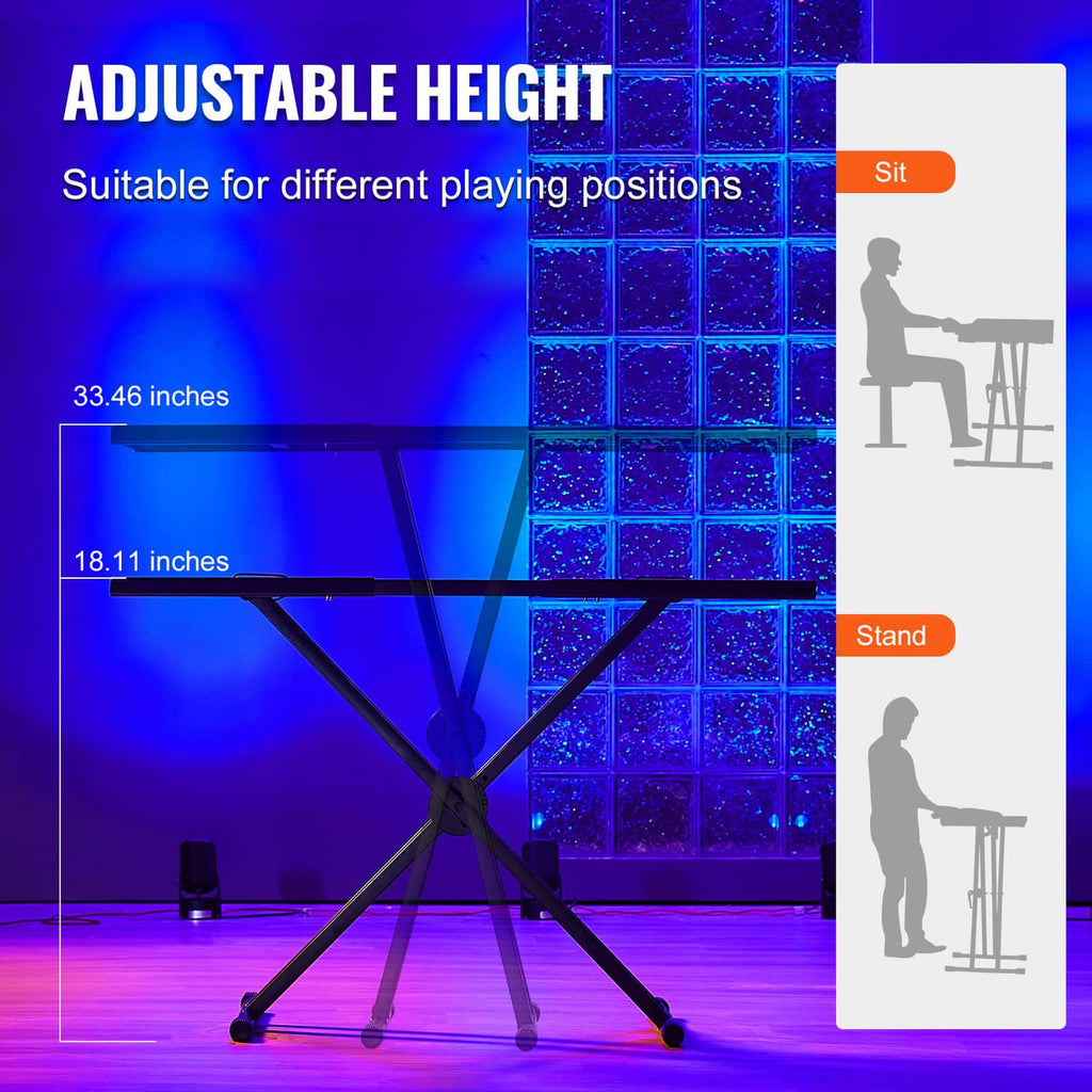 Adjustable-height DJ table with black double-X legs and perforated tabletop base