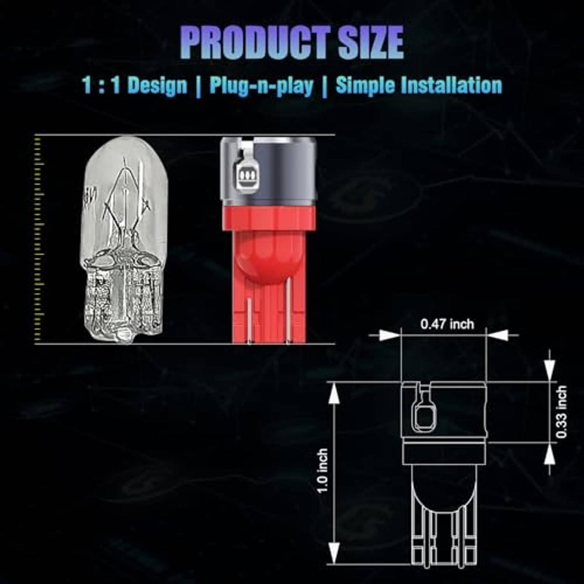 T10 wedge LED bulb with red lens and silver base, shown with size details