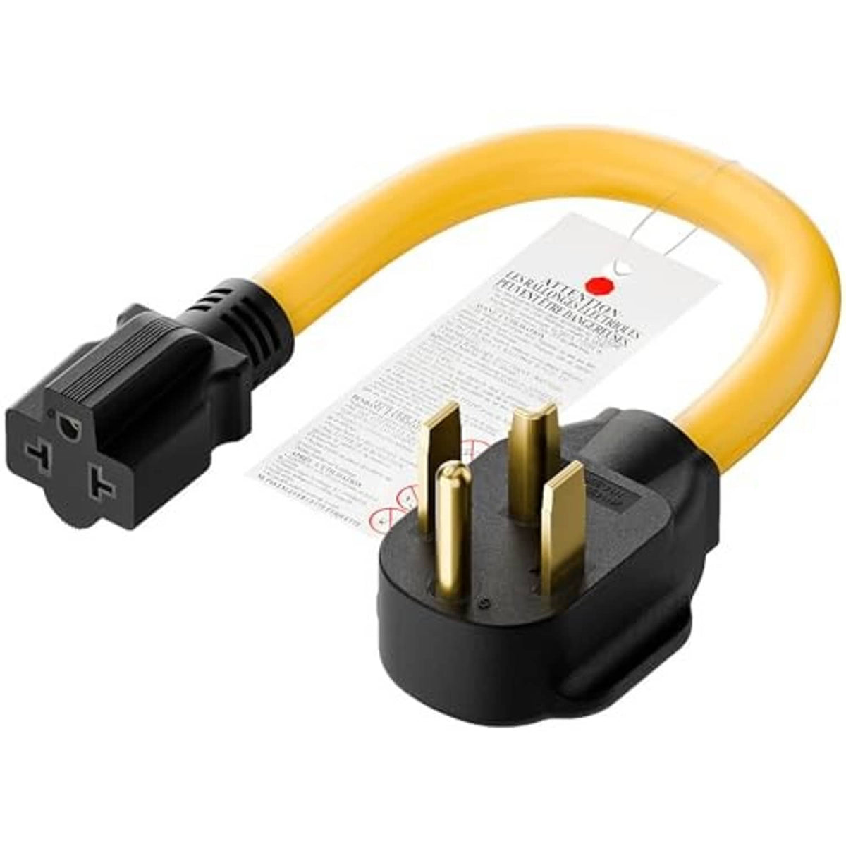 NEMA dryer adapter cord with four-prong plug and gold-tipped connector