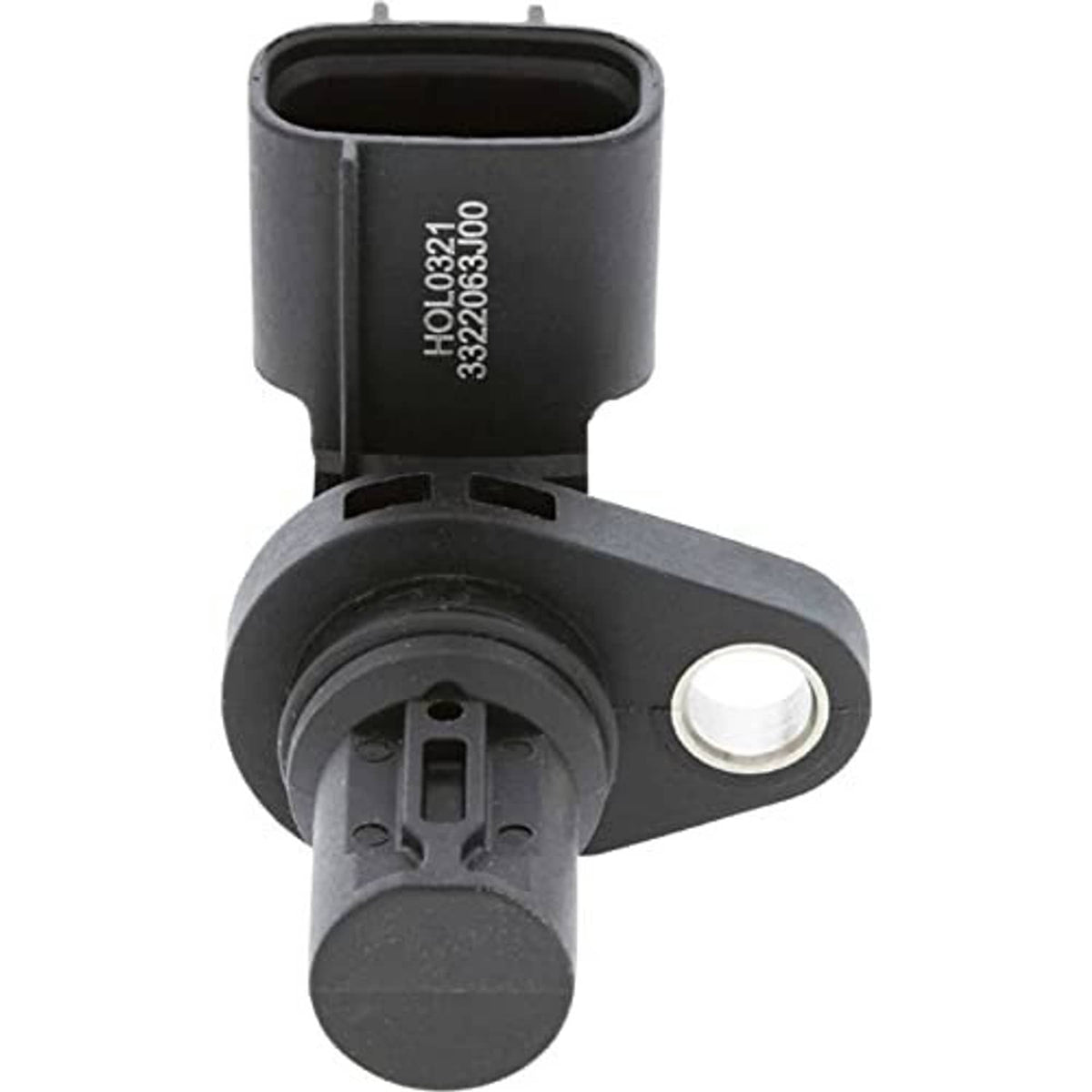 Camshaft position sensor with black connector housing and mounting ring