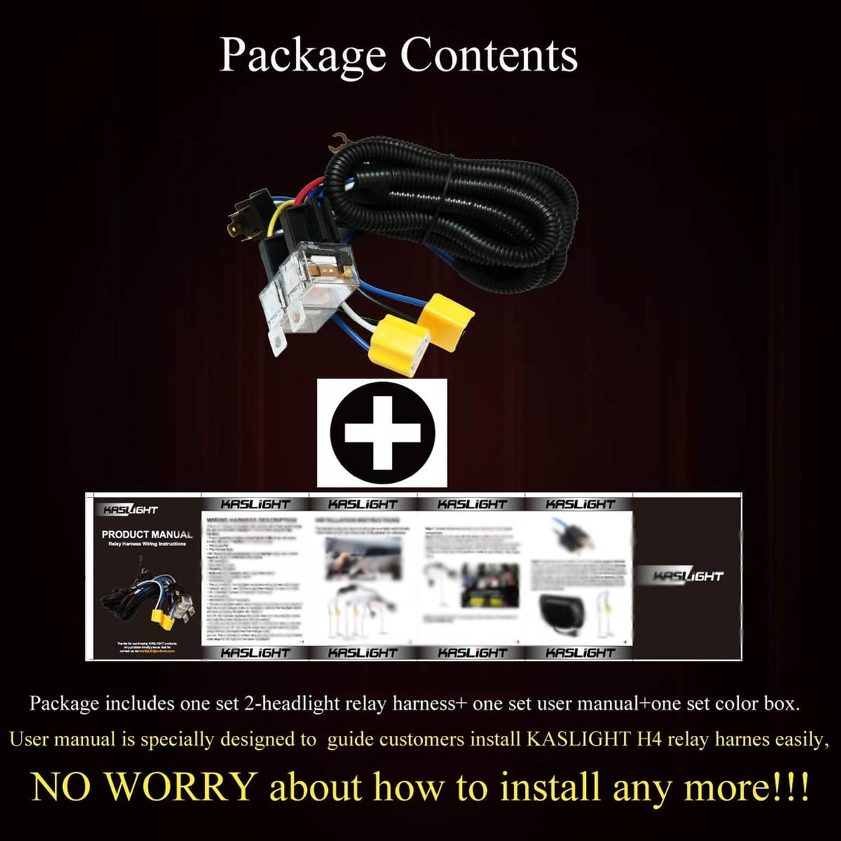 H4 relay wiring harness kit package contents with cables, connectors, and product manual
