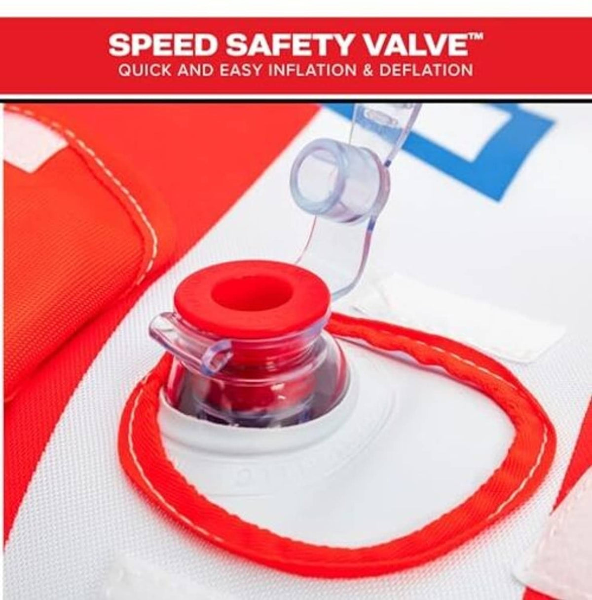 Inflatable towable tube speed safety valve with red cap on white and red fabric