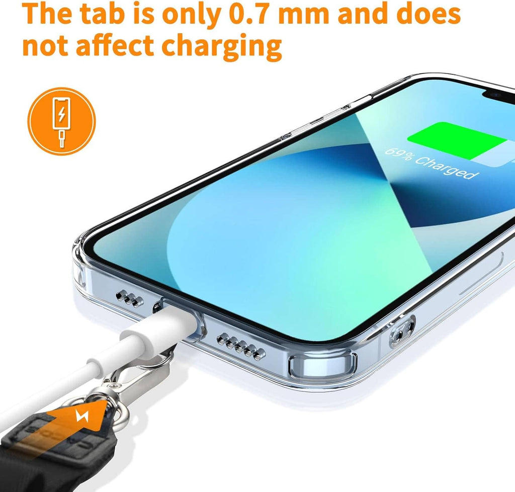 Phone lanyard clip tab on clear phone case edge with charging-access opening