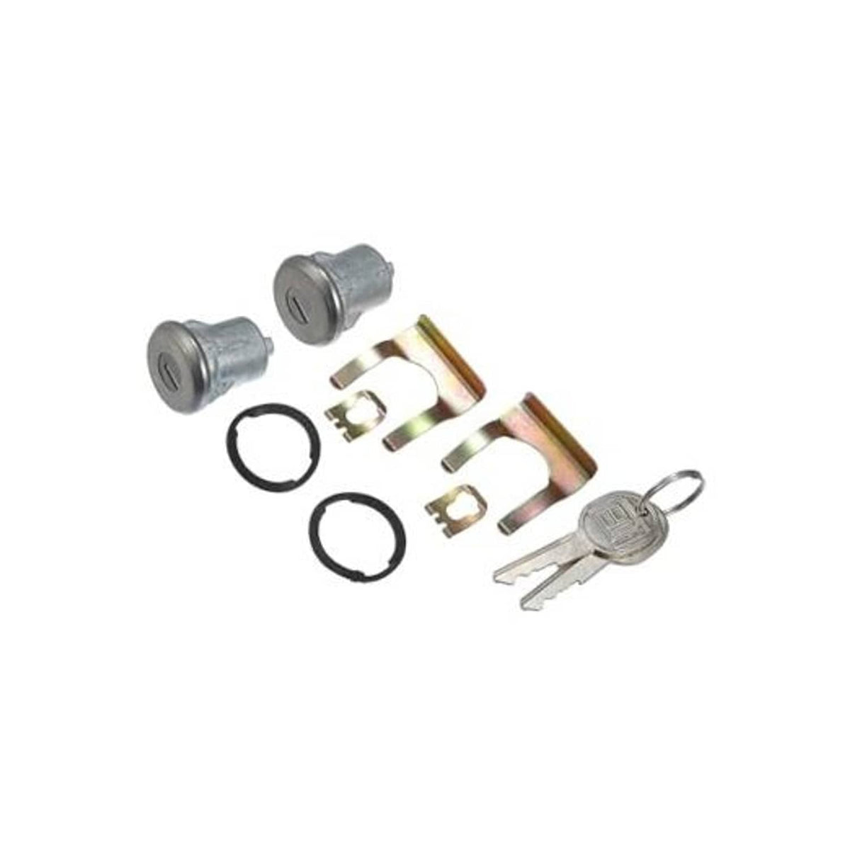 Car door lock cylinder set with keys, silver metal cylinders, and black O-ring seals