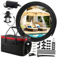 Portable misting system kit with black hose coil, pump, and foldable 20L water bucket