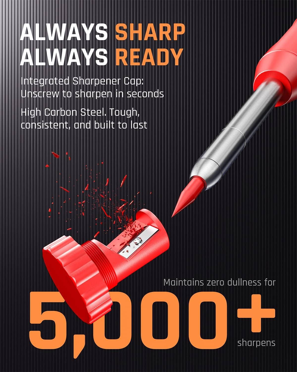 Red mechanical carpenter pencil with steel barrel and integrated sharpener cap at the tip.
