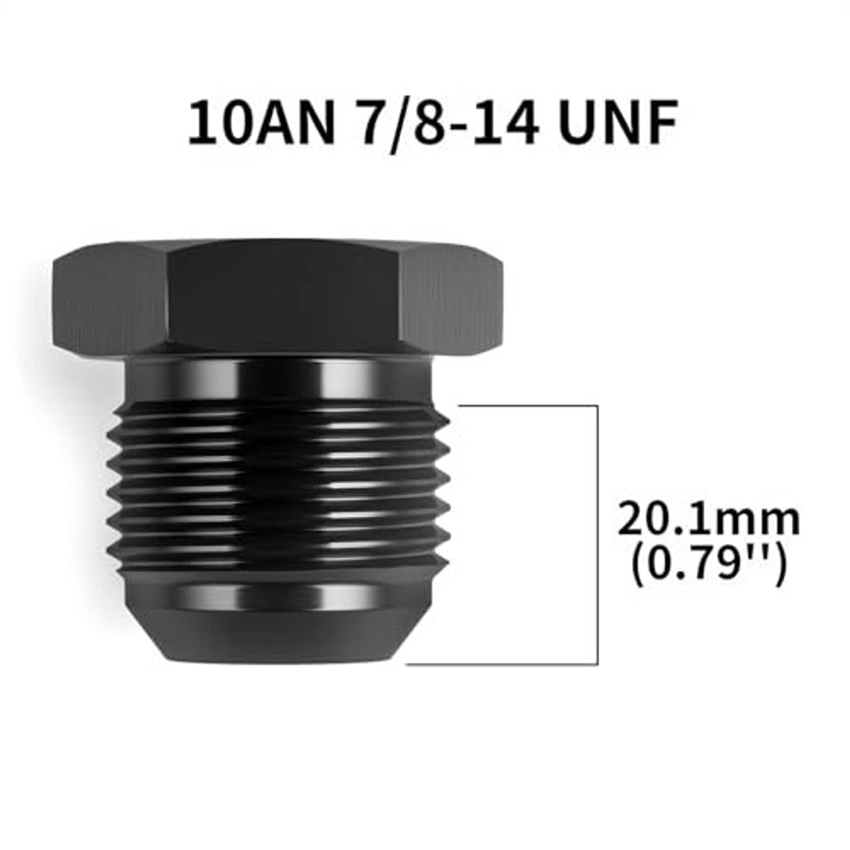 Black hex aluminum flare blanking plug adapter with ribbed 10AN-style threads.