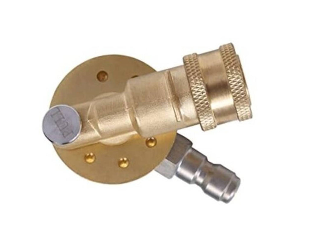 Brass pivoting pressure washer coupler with textured collars and silver quick-connect outlet
