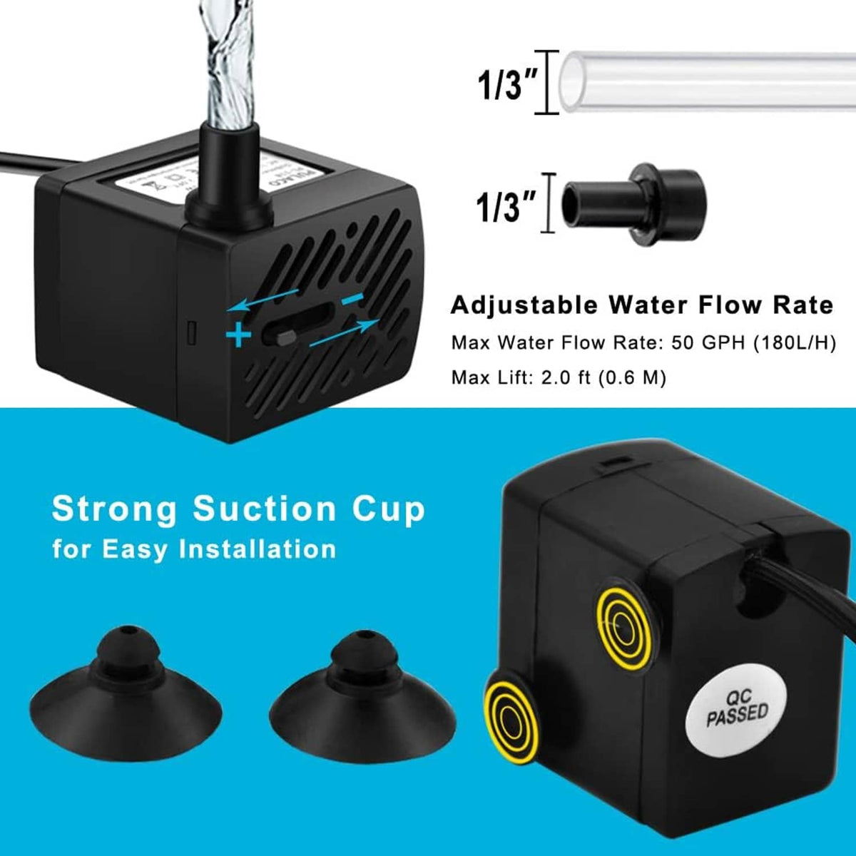 Black mini submersible water pump with suction cups and power cord