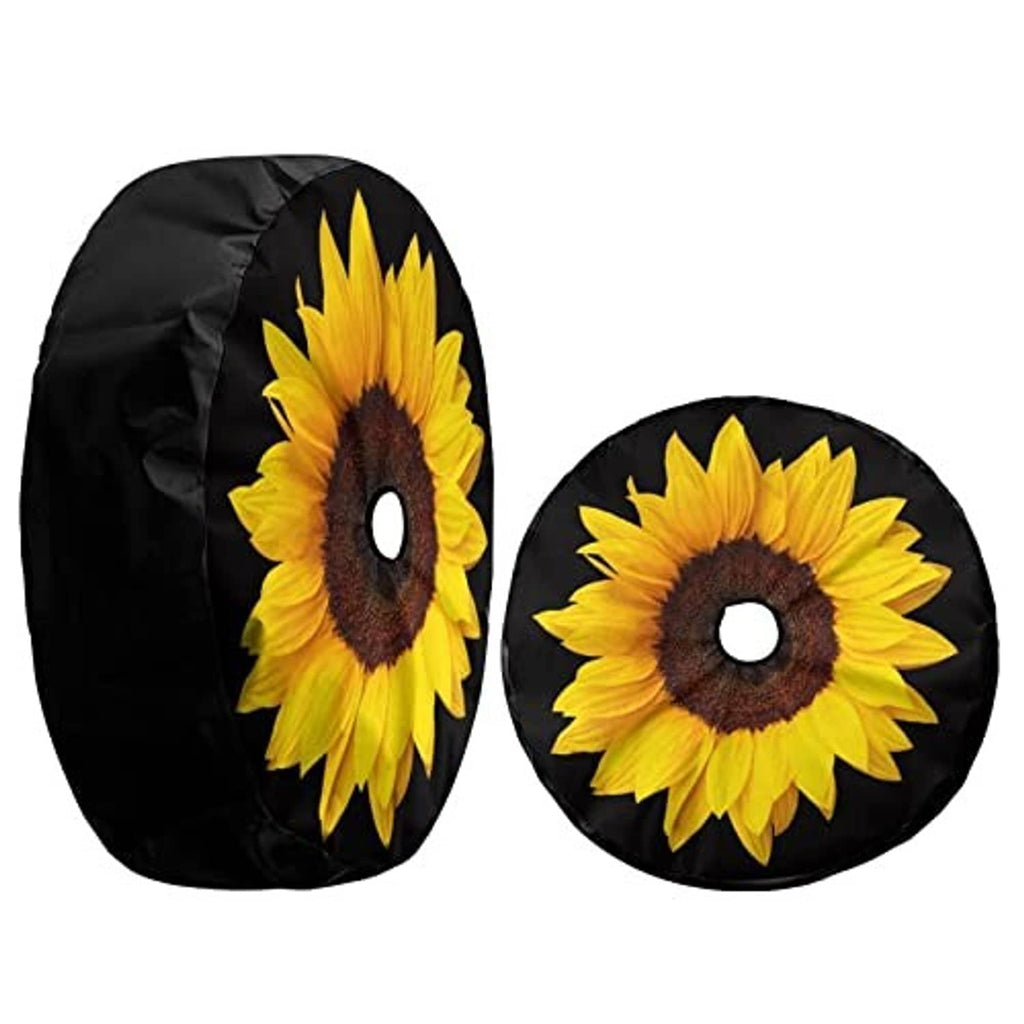 Set of black spare tire covers with sunflower design and center hole cutout