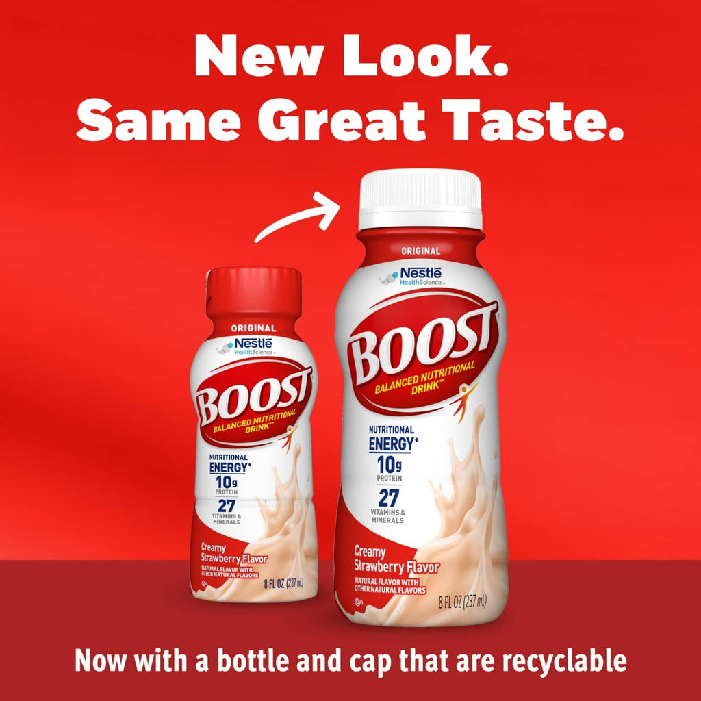 Set of two ready-to-drink nutritional bottles, creamy strawberry flavor, with white caps