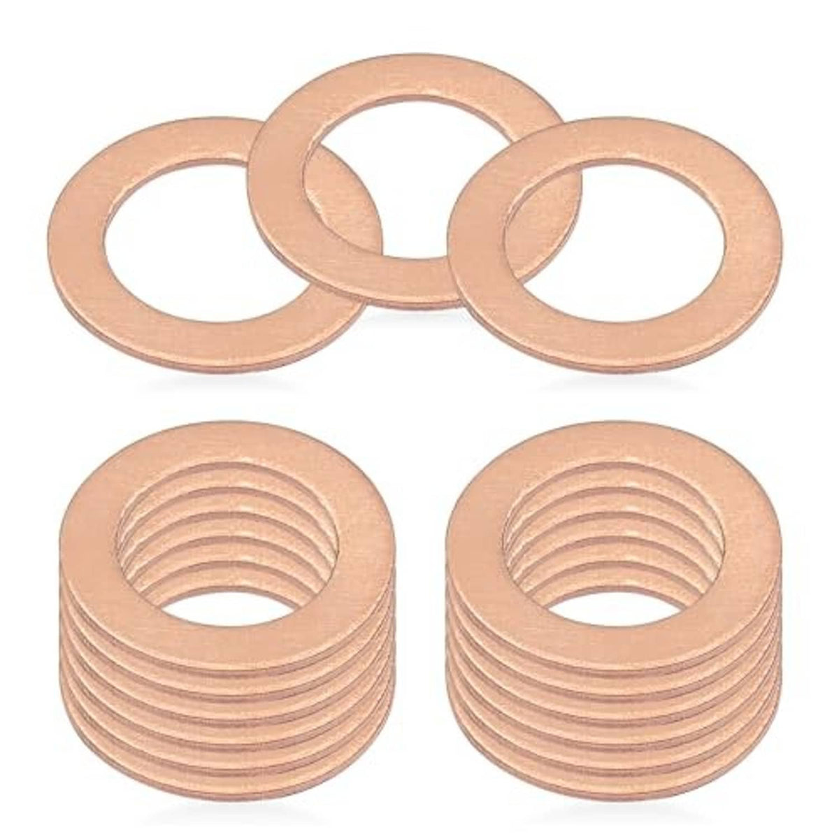 Five copper oil drain plug washers, round flat seals with ridged texture