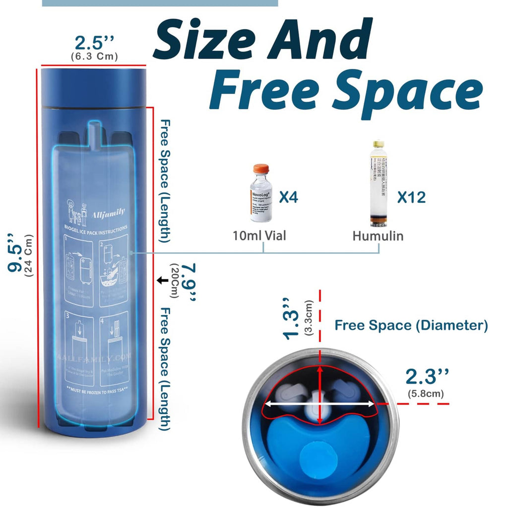 Blue insulin travel cooler case diagram with size and free space measurement