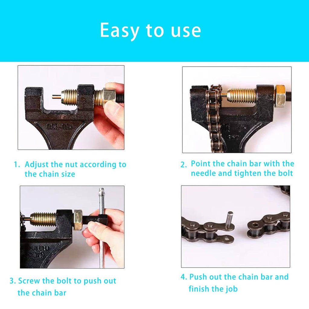 Chain breaker tool with threaded bolt and chain bar, shown pushing out a pin