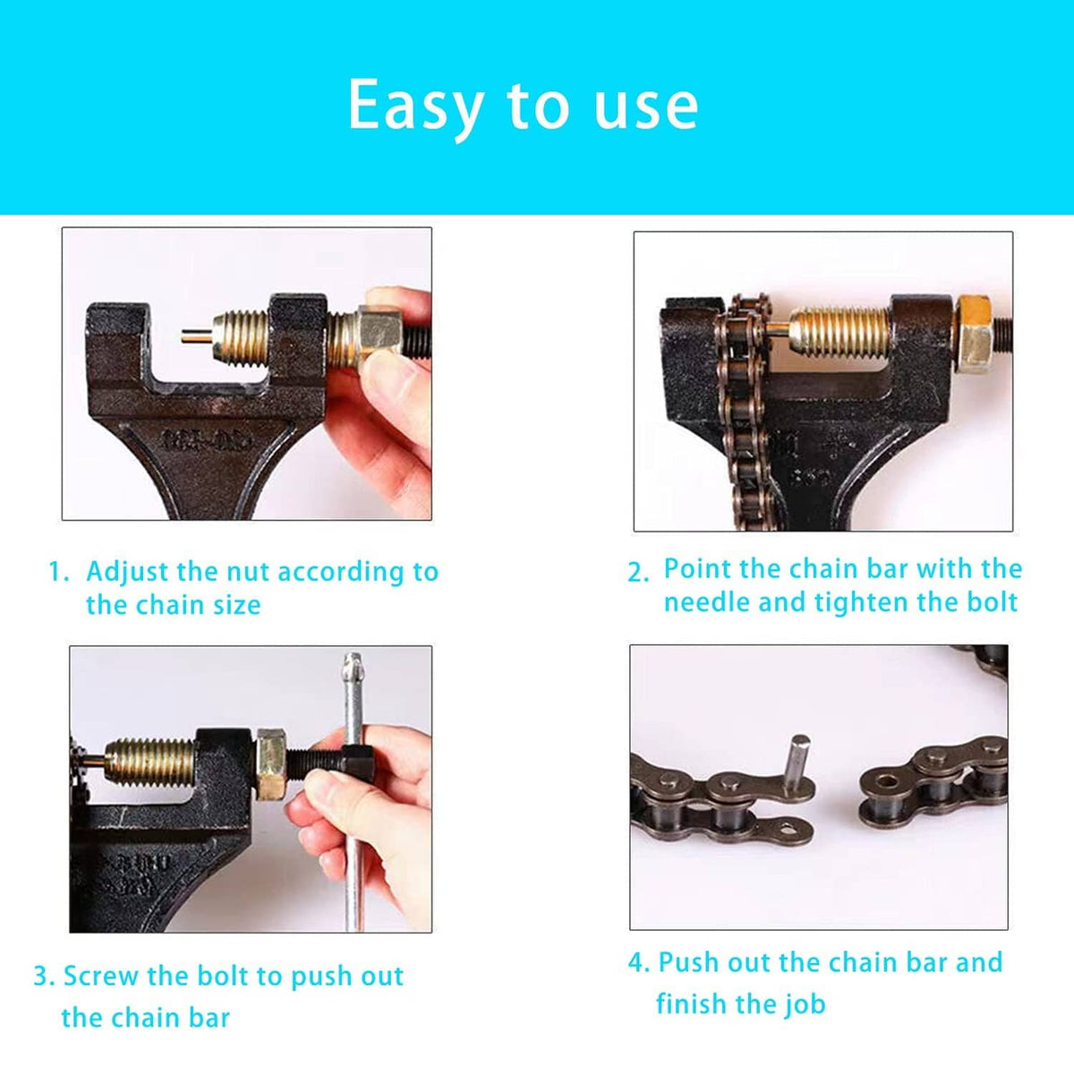 Chain breaker tool with threaded bolt and chain bar, shown pushing out a pin