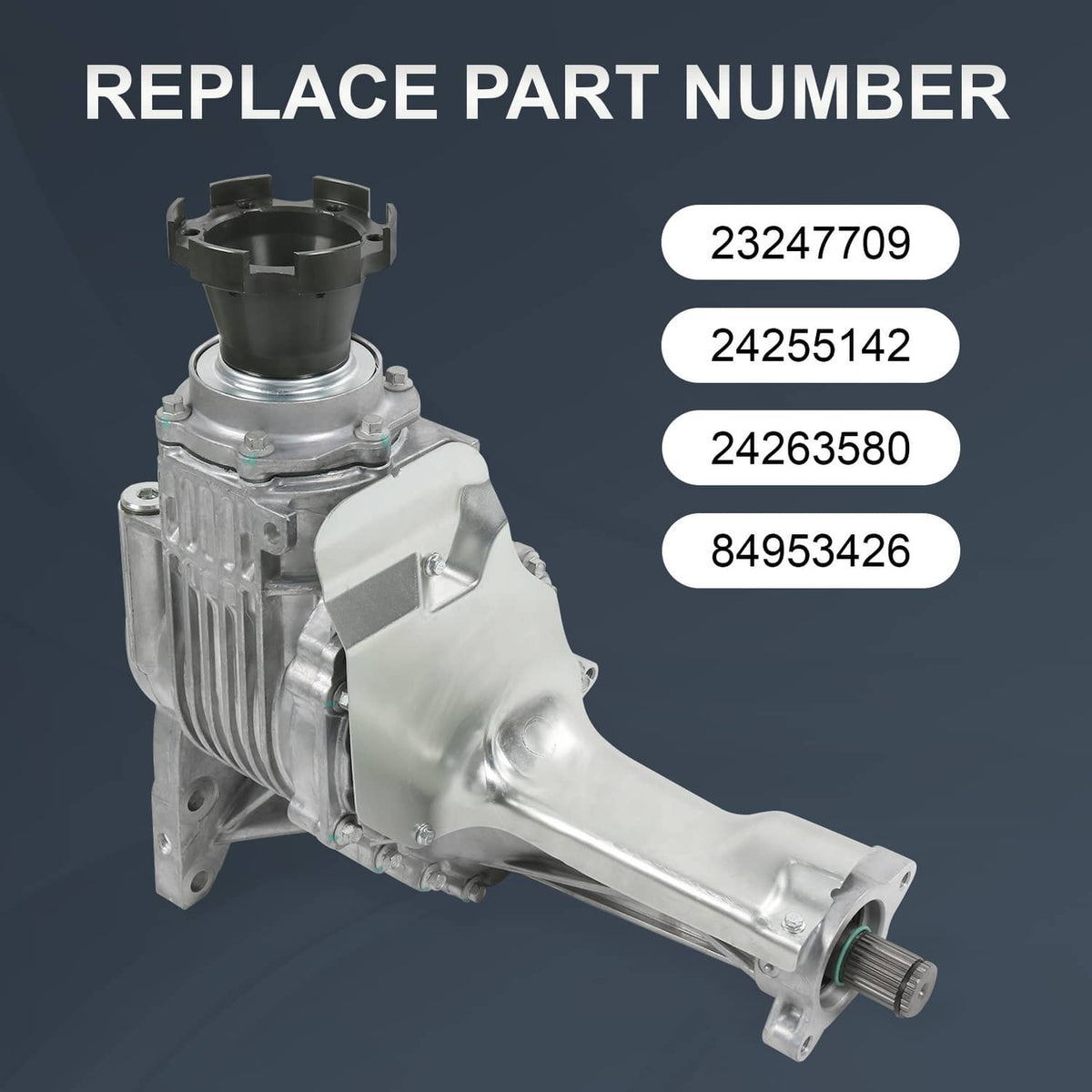 Transfer case assembly with mounting face and output shaft; replacement part shown