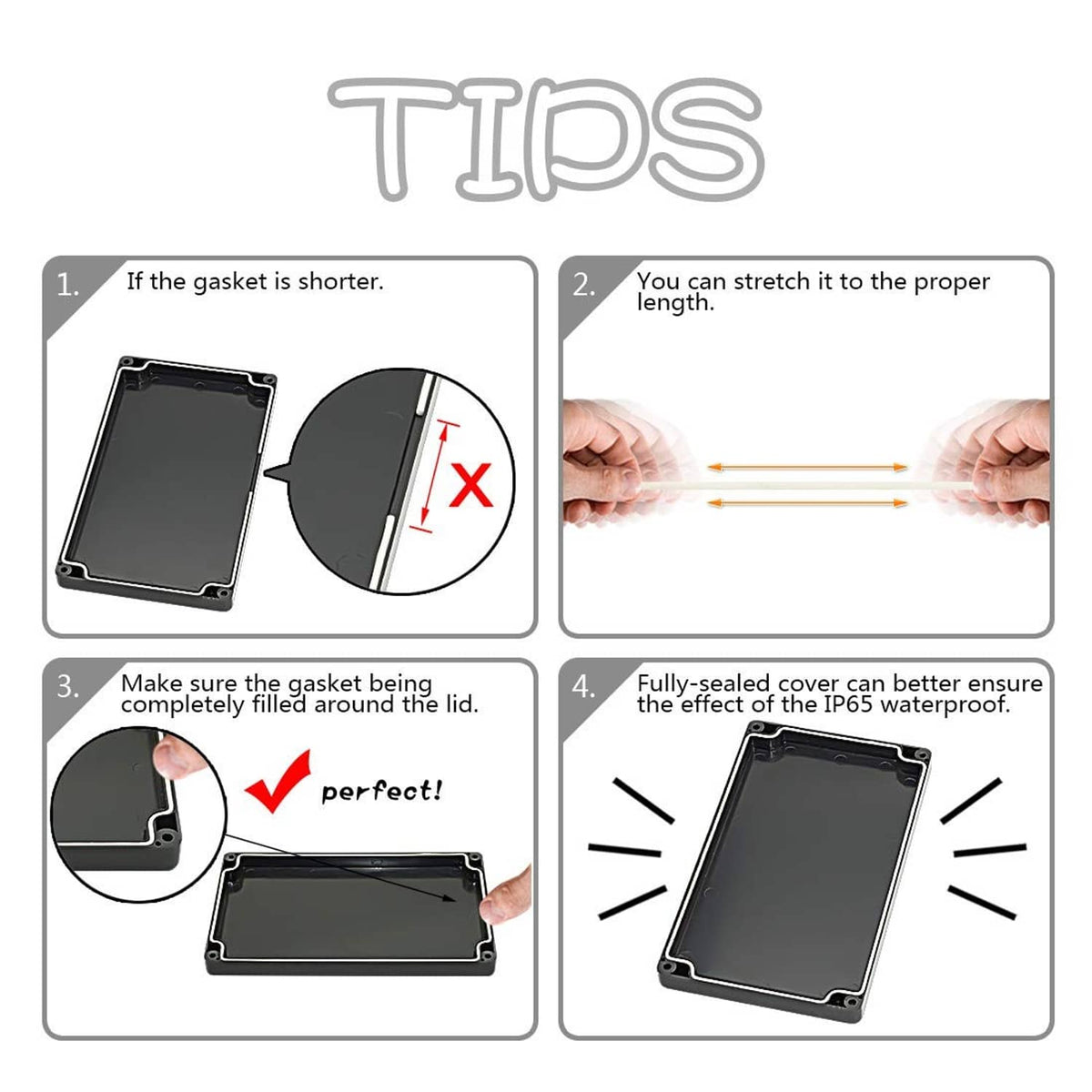 Waterproof enclosure gasket installation tips infographic with numbered steps