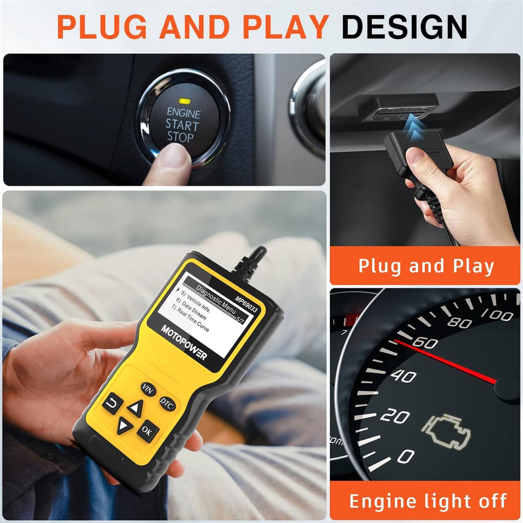 OBD2 scanner held in hand with plug-and-play use illustration for vehicle ignition