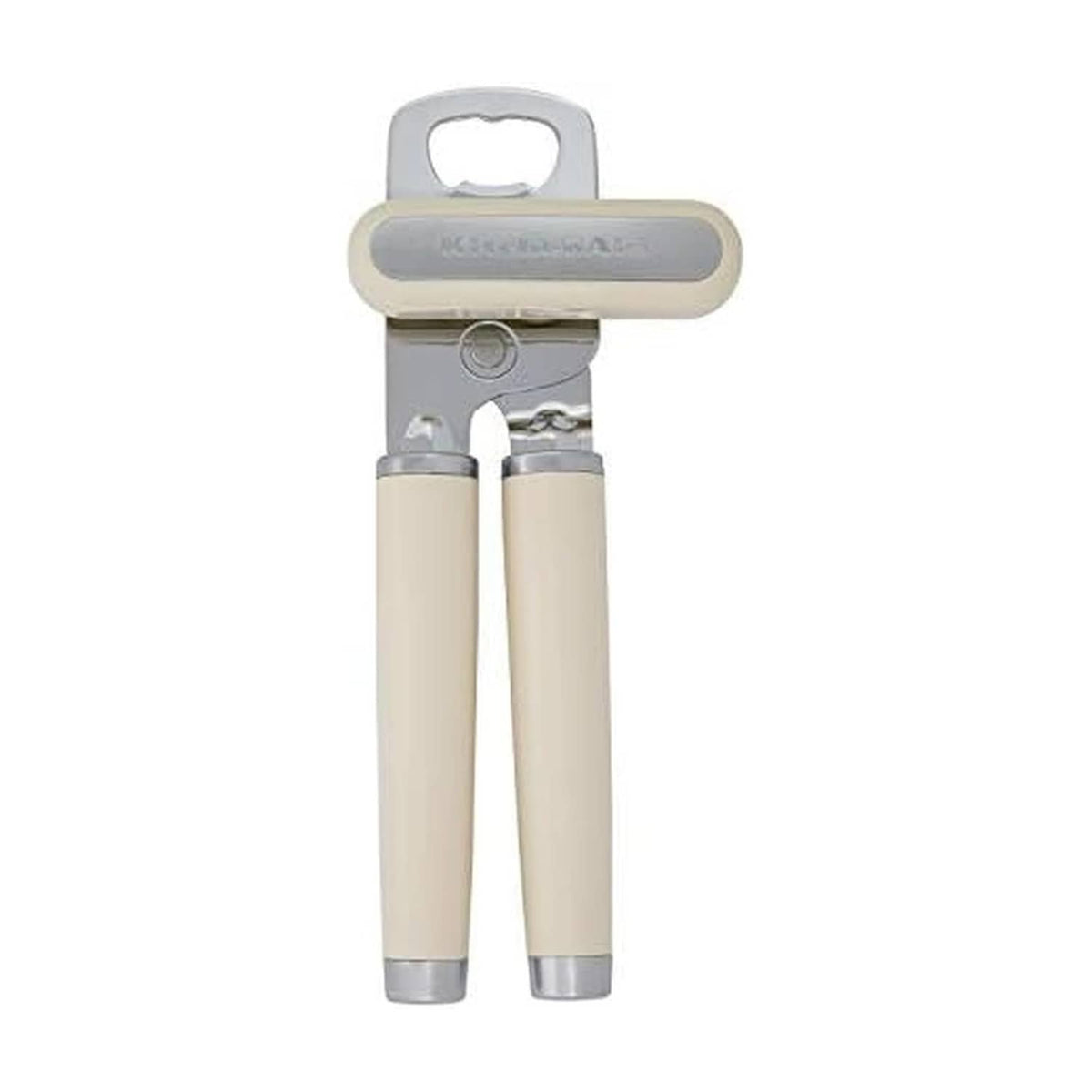 Almond cream can opener with two long handles and chrome cutting head