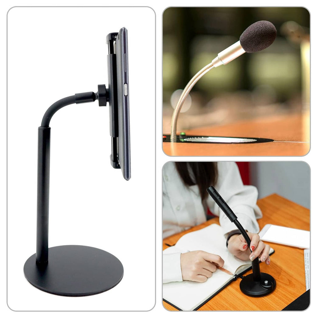 Black gooseneck hose with round base stand and vertical threaded connector