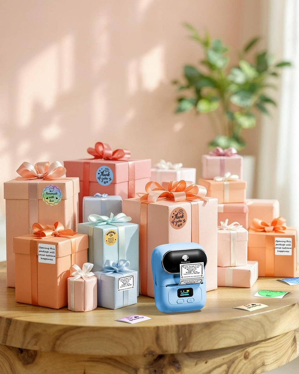 Blue portable thermal label printer placed among gift boxes