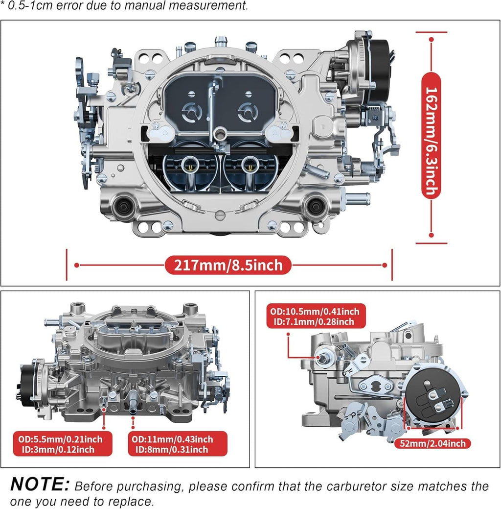 Four-barrel carburetor with overall size dimension callouts and connector views.