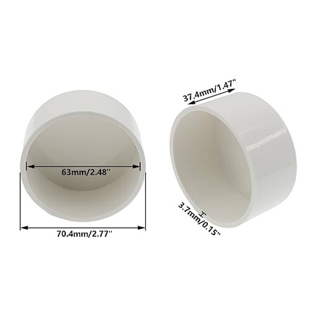 White PVC pipe end cap with 2.5 in size, measured round plug for pipe closure