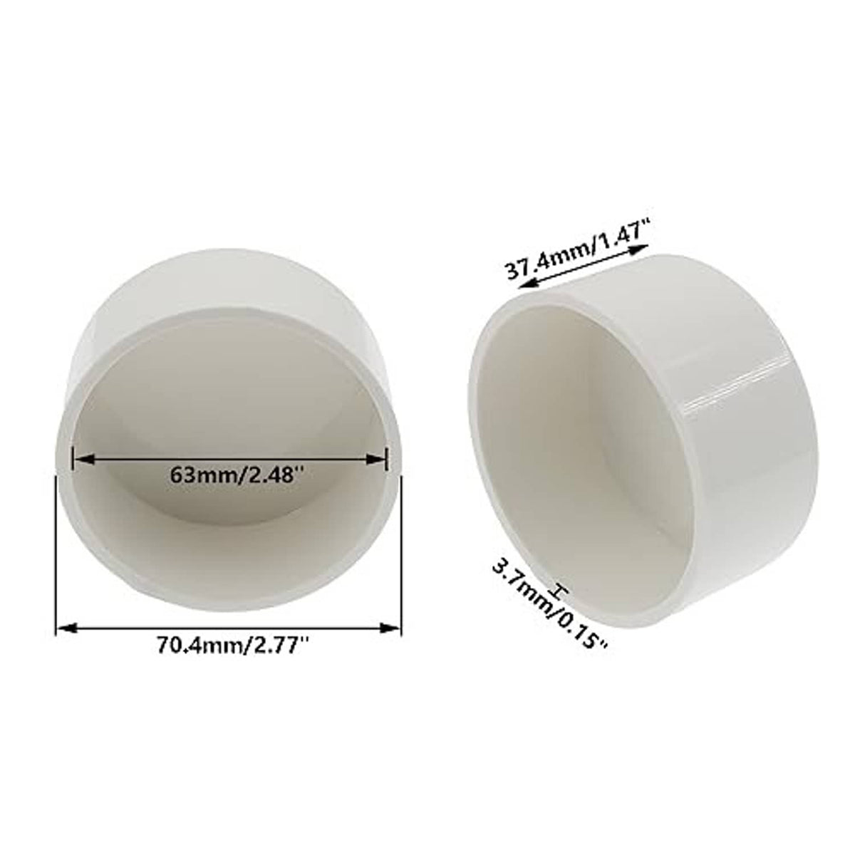 White PVC pipe end cap with 2.5 in size, measured round plug for pipe closure