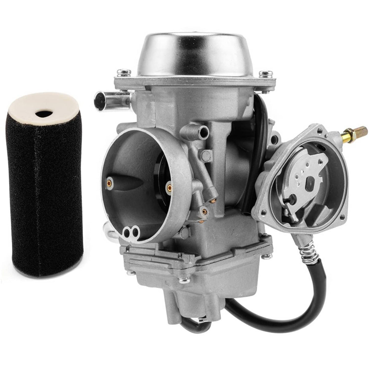 Carburetor assembly with foam air filter, metal body, and electrical connector