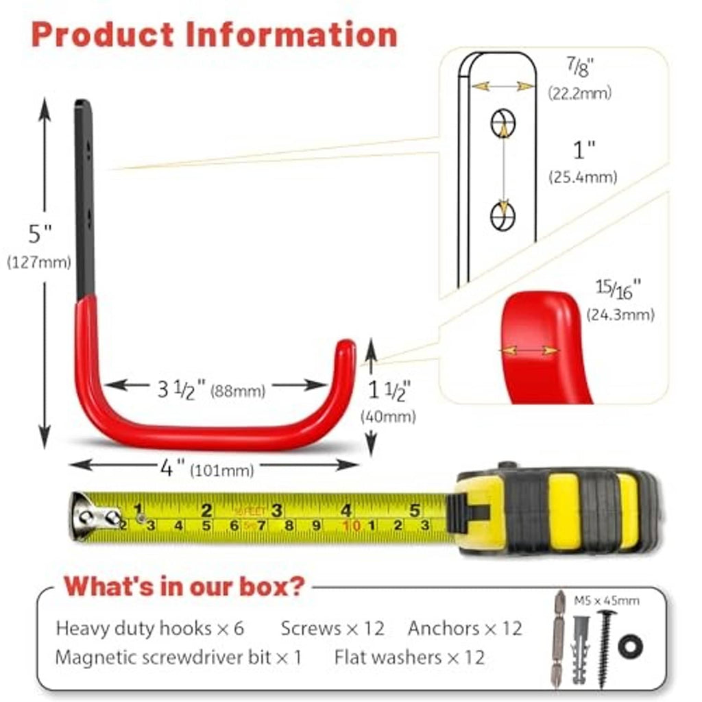 Red wall hook with size measurements and included screws, anchors, and screwdriver bit