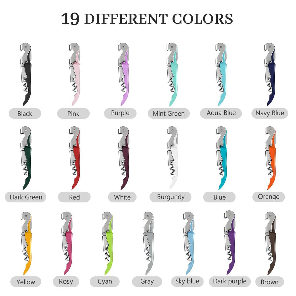 Assorted-color waiter corkscrew key openers displayed in rows