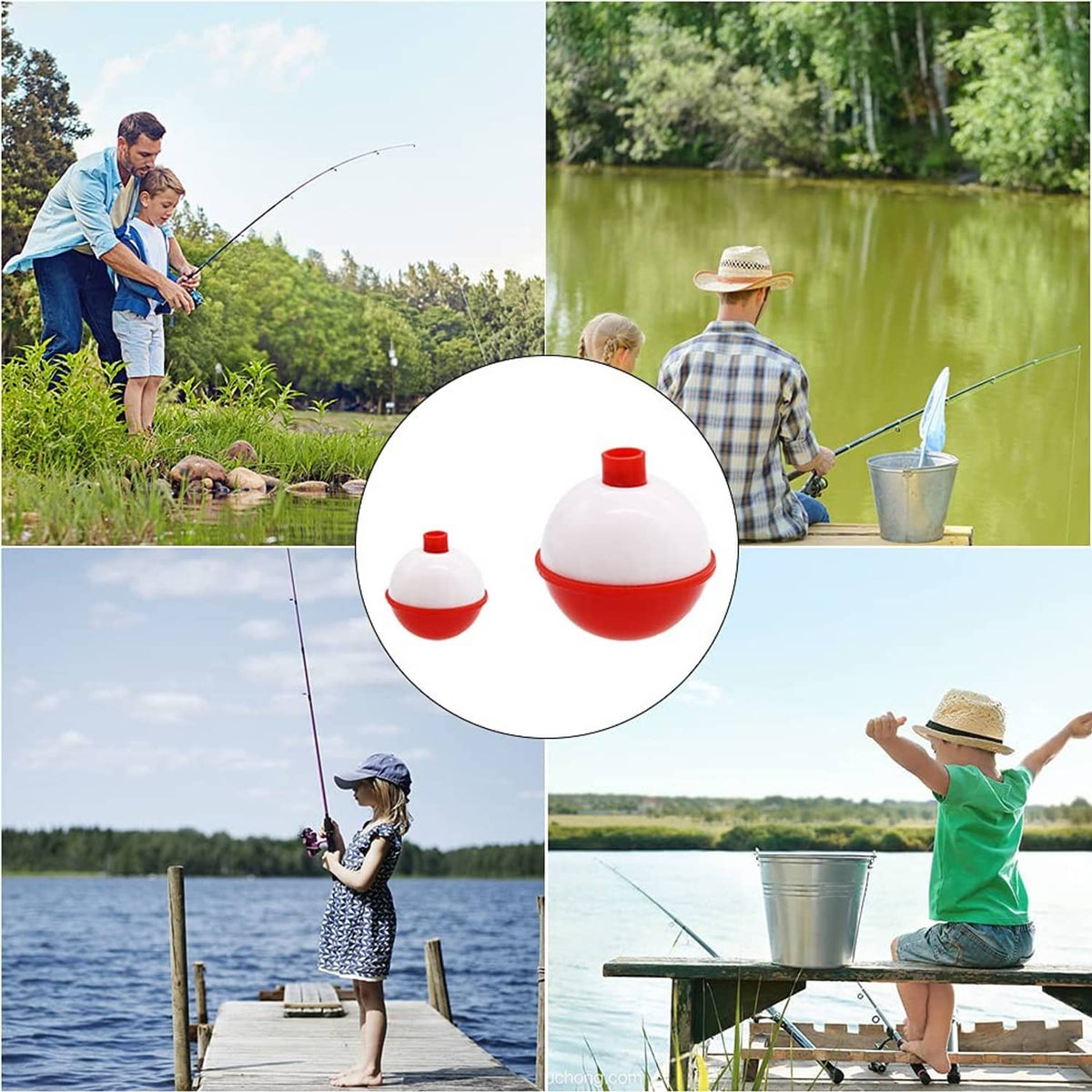 White-and-red fishing bobbers shown in inset: two dome floats
