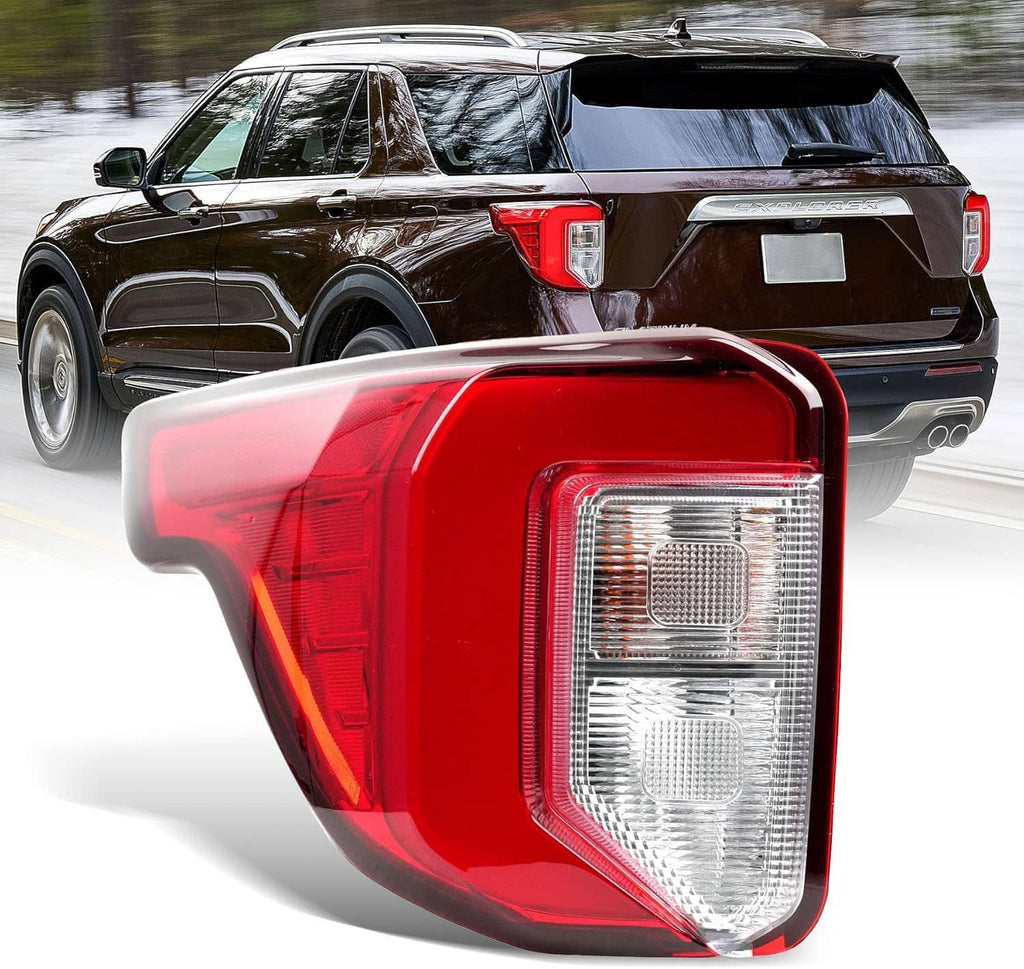 Left rear LED tail light with red housing and clear lens on vehicle