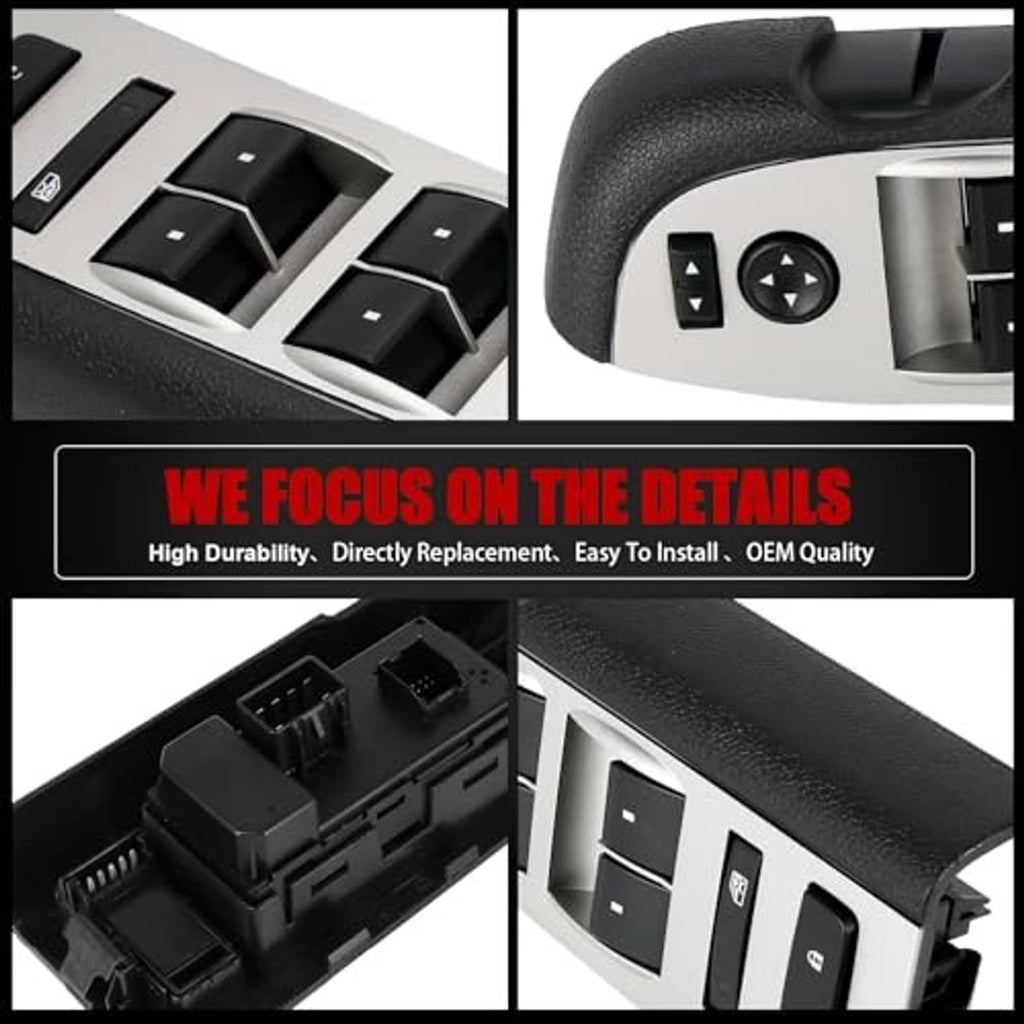 Close-up of master power window switch panel with multiple window rocker switches