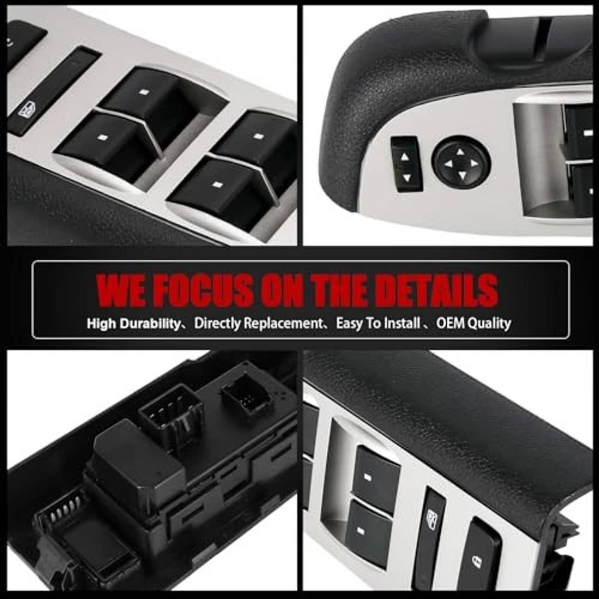 Close-up of master power window switch panel with multiple window rocker switches