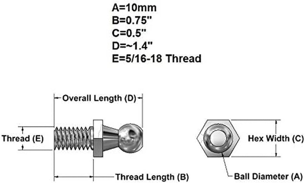 Ball stud bolt with measurement diagram showing 5/16-18 thread and hex width