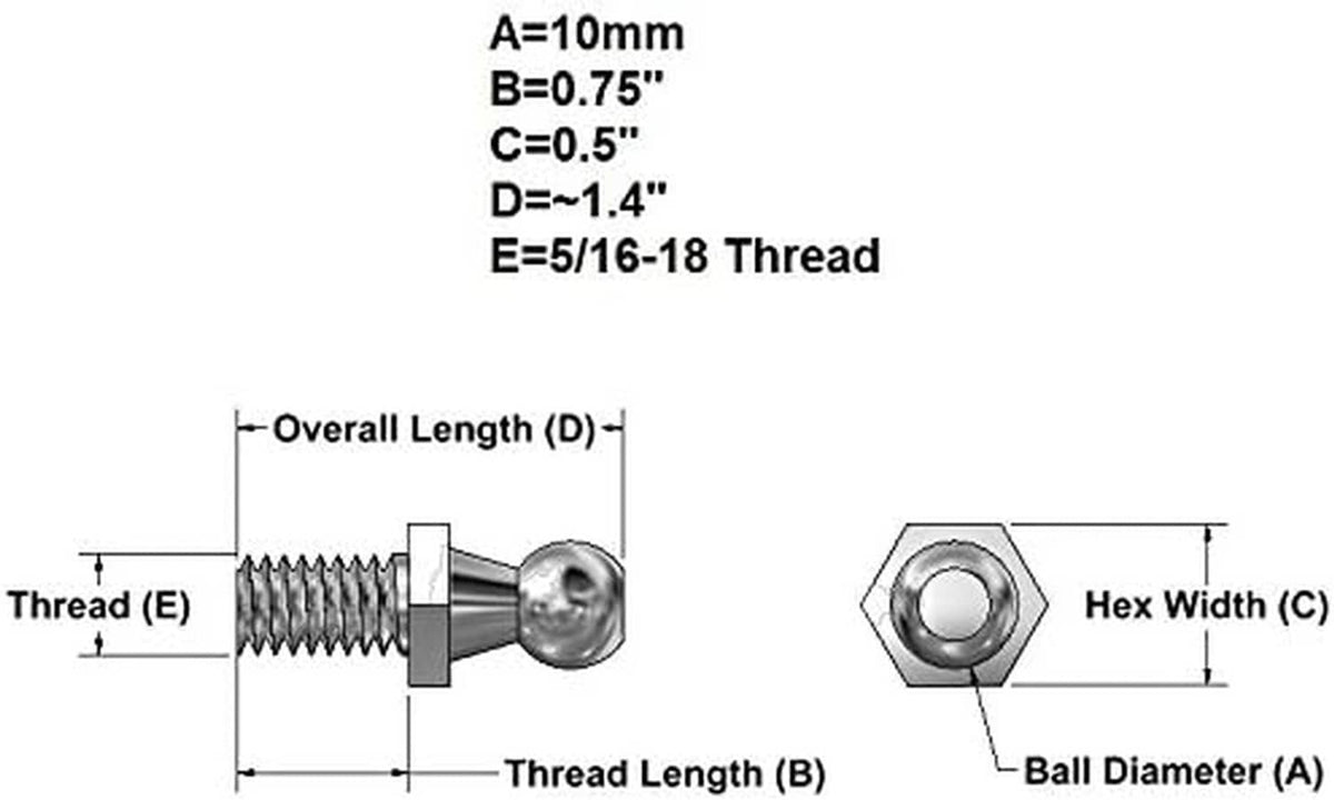 Ball stud bolt with measurement diagram showing 5/16-18 thread and hex width