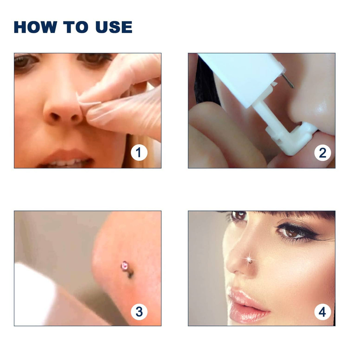 Self-piercing nose gun applying a built-in nose stud on the nostril