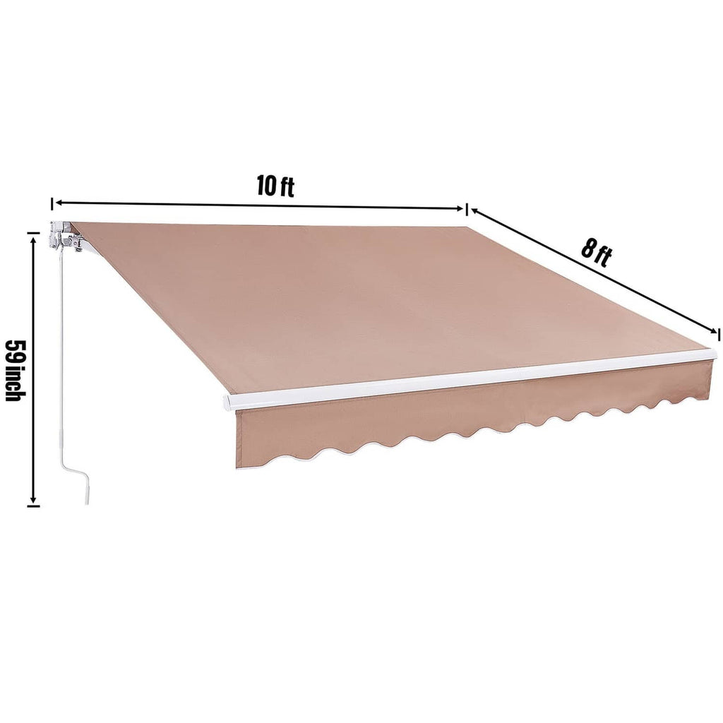 Retractable patio awning with tan canopy fabric and scalloped valance, 10ft x 8ft dimensions.