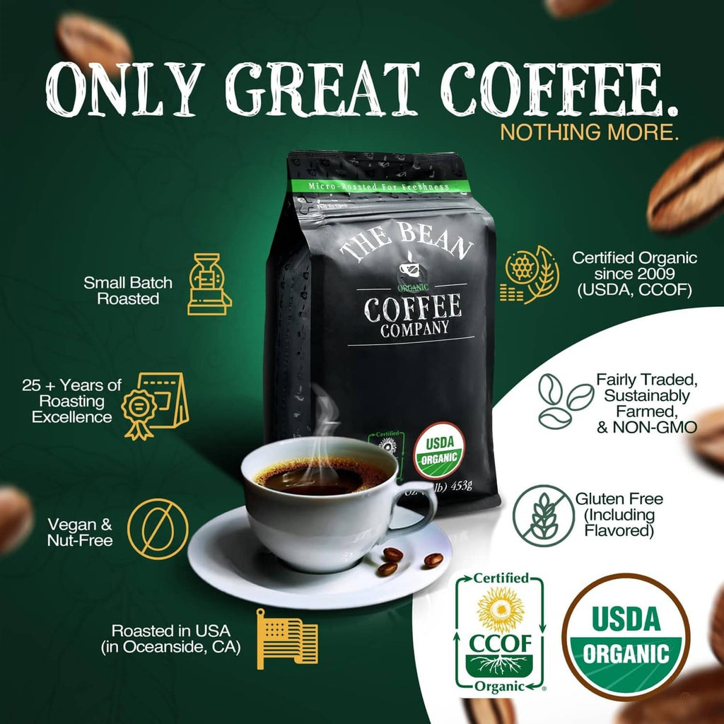 Organic coffee bag with cup and small-batch roasted promotional icons