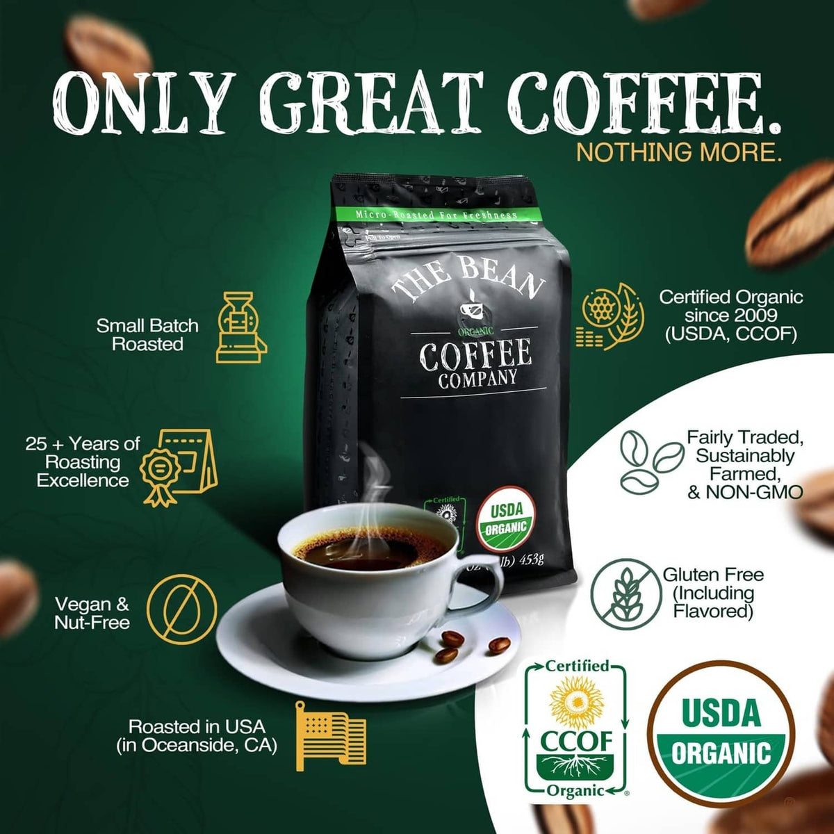 Organic coffee bag with cup and small-batch roasted promotional icons