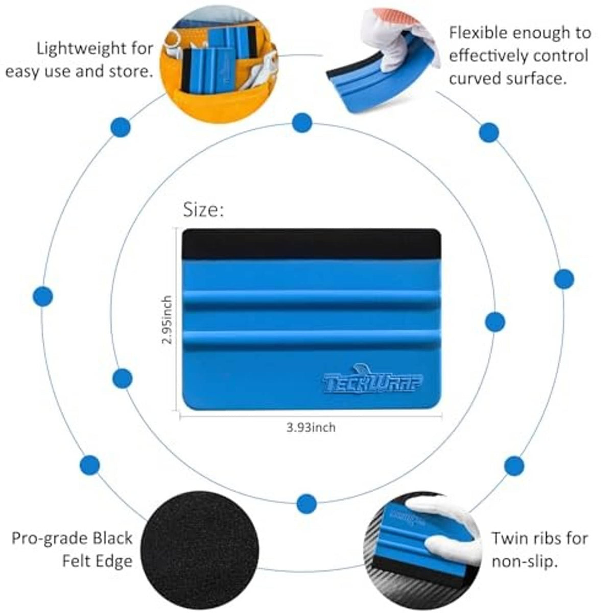 Blue felt-edge squeegee size view with black base and non-slip ribbed design